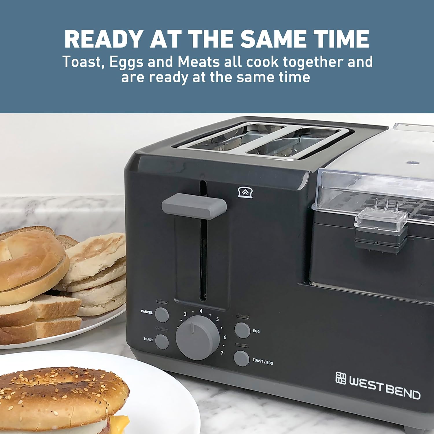 West Bend Breakfast Station 2-Slice Toaster and Egg Cooker/Poacher with Removable Pre-Cooked Meat and Vegetable Warming Tray