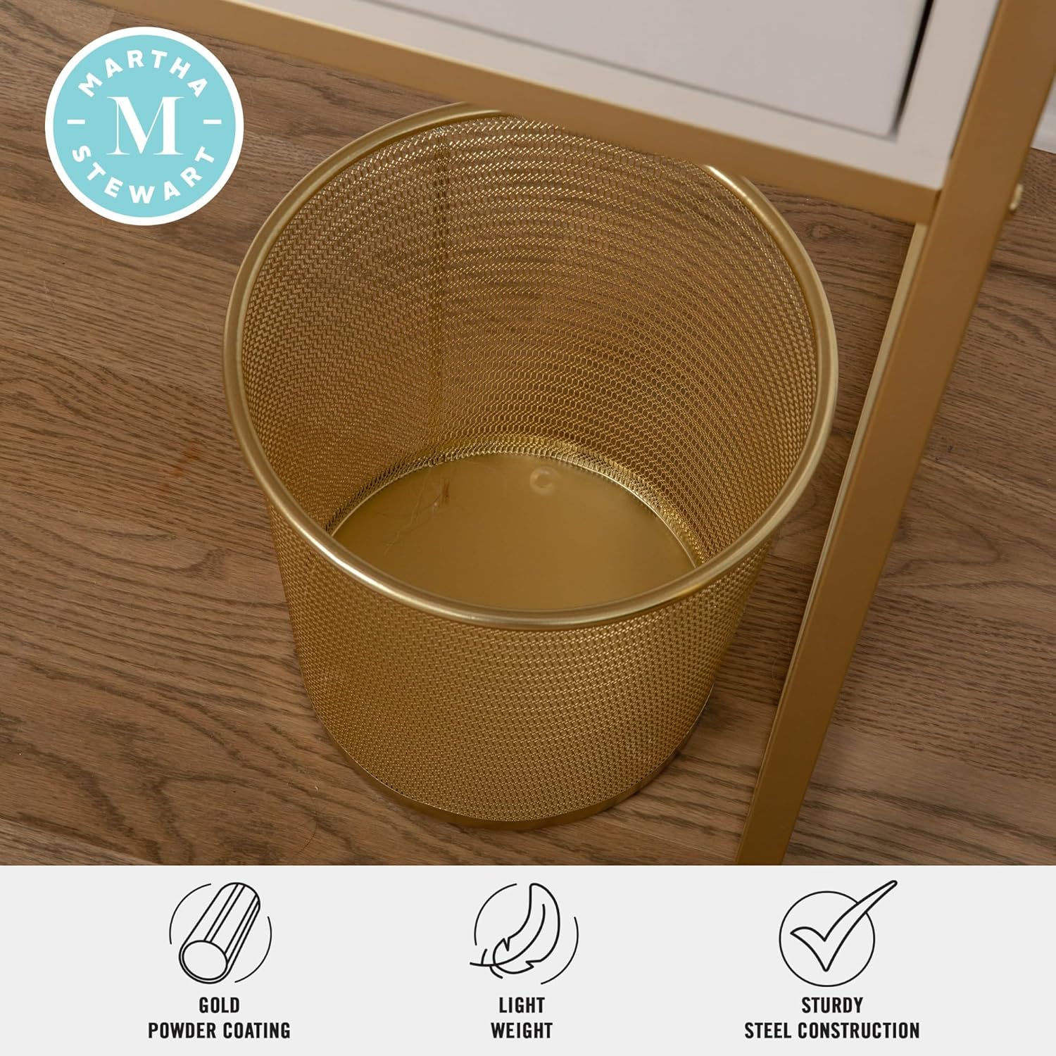 Martha Stewart Ryder Mesh Metal Trash Can, 4.5 Gallon, Gold