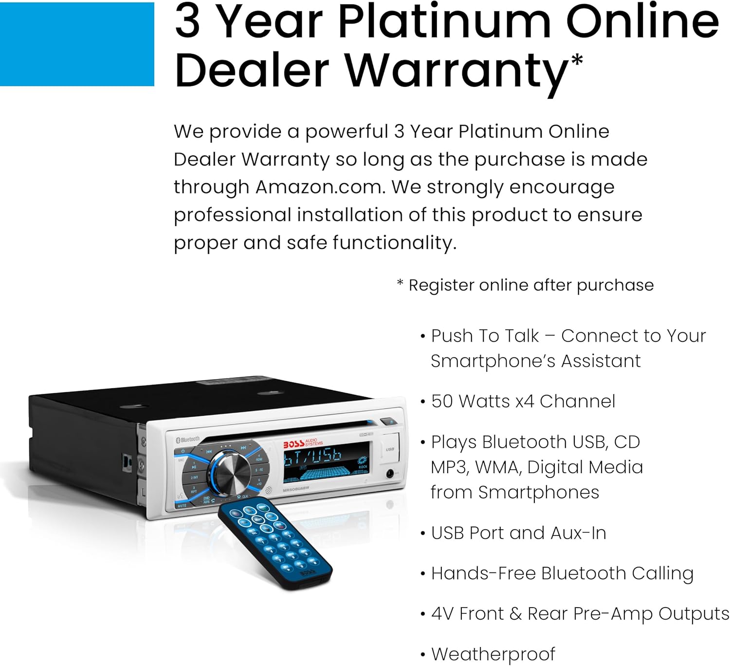 BOSS Audio Systems MR508UABW Marine Boat Stereo - Single Din, Bluetooth Audio and Calling Head Unit, AM/FM Radio Receiver