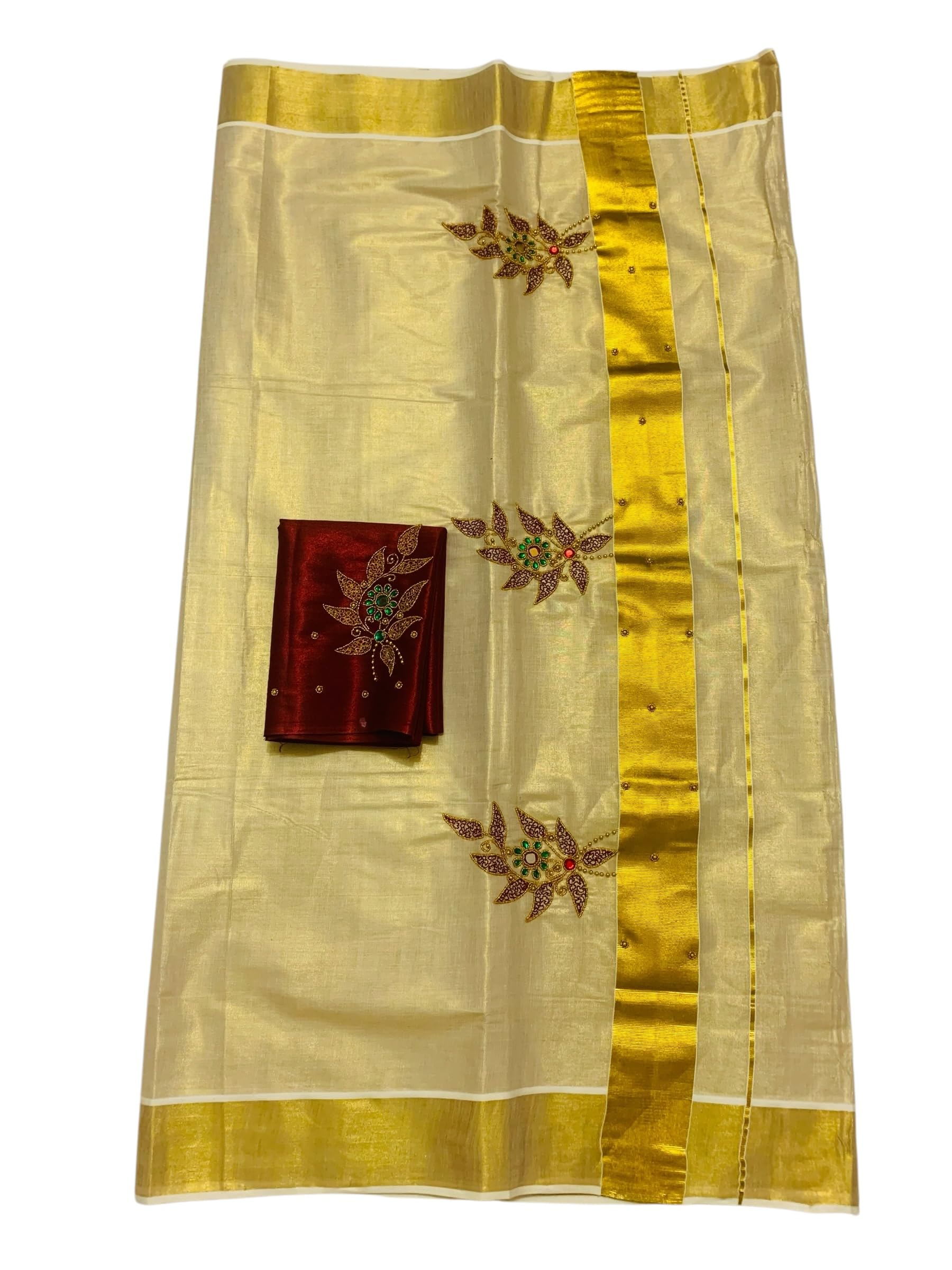 Kuthampully Kerala Kasavu Sarees For Women | Handcrafted Aari work Kerala Sarees | Tissue Onam Saree With Running Blouse | South Indian Sarees | Onam Saree EKM-861 (Maroon)