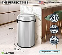 Alpine 17-Gallon Stainless Steel Swing Top Trash Can – Commercial Grade Round Garbage Bin with Odor Control Lid, Brushed Finish, Large Capacity for Home, Office & High-Traffic Areas
