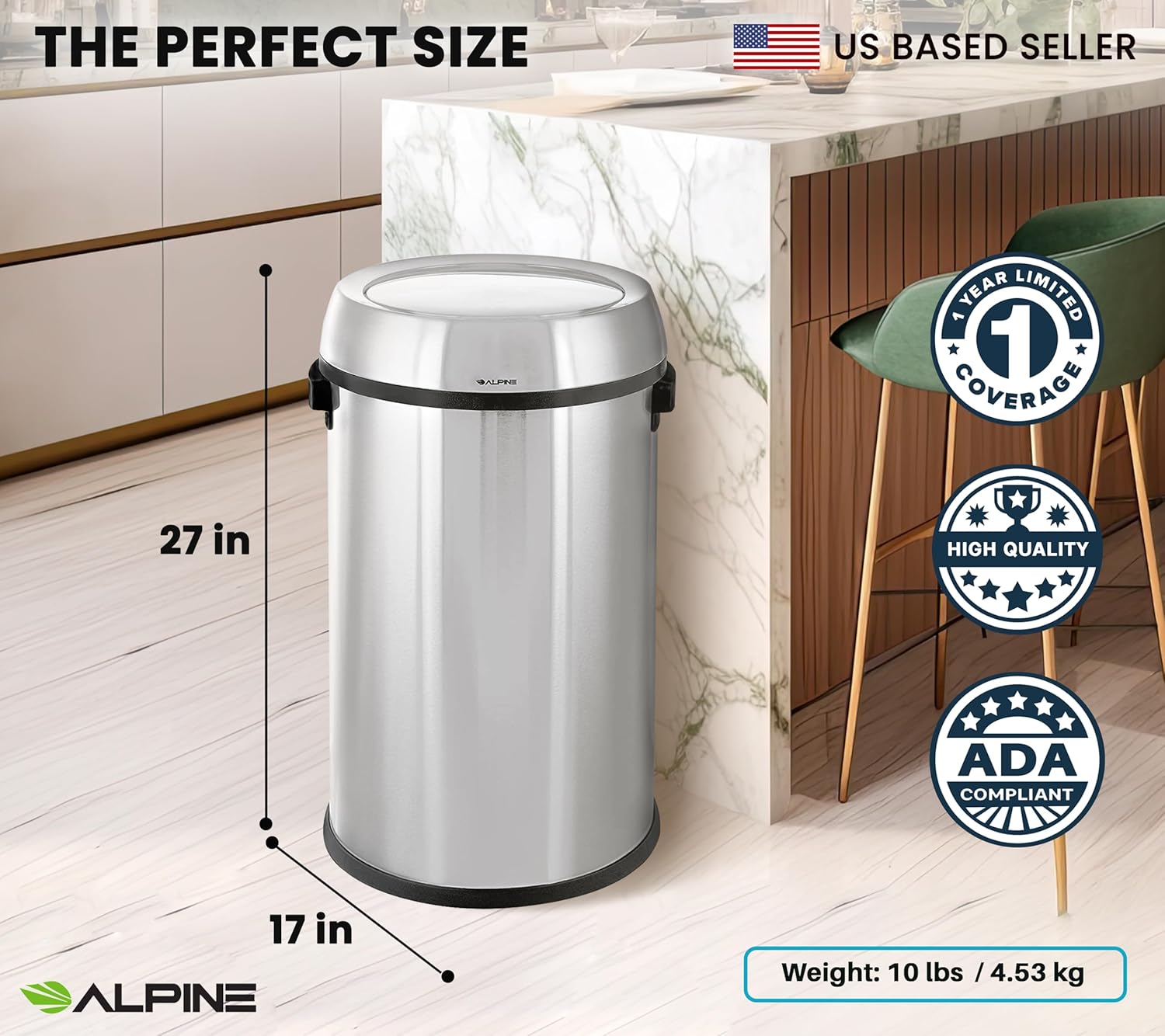 Alpine 17-Gallon Stainless Steel Swing Top Trash Can – Commercial Grade Round Garbage Bin with Odor Control Lid