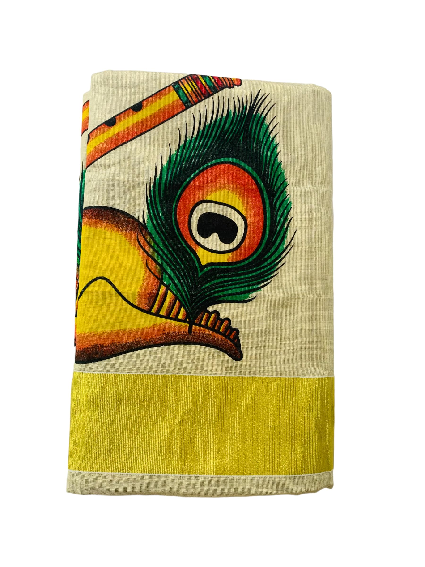 Kuthampully Kerala Kasavu Saree Tissue Mural Painted | Traditional South Indian Saree | Onam Saree | Kerala Saree - Multi Color BOM-769