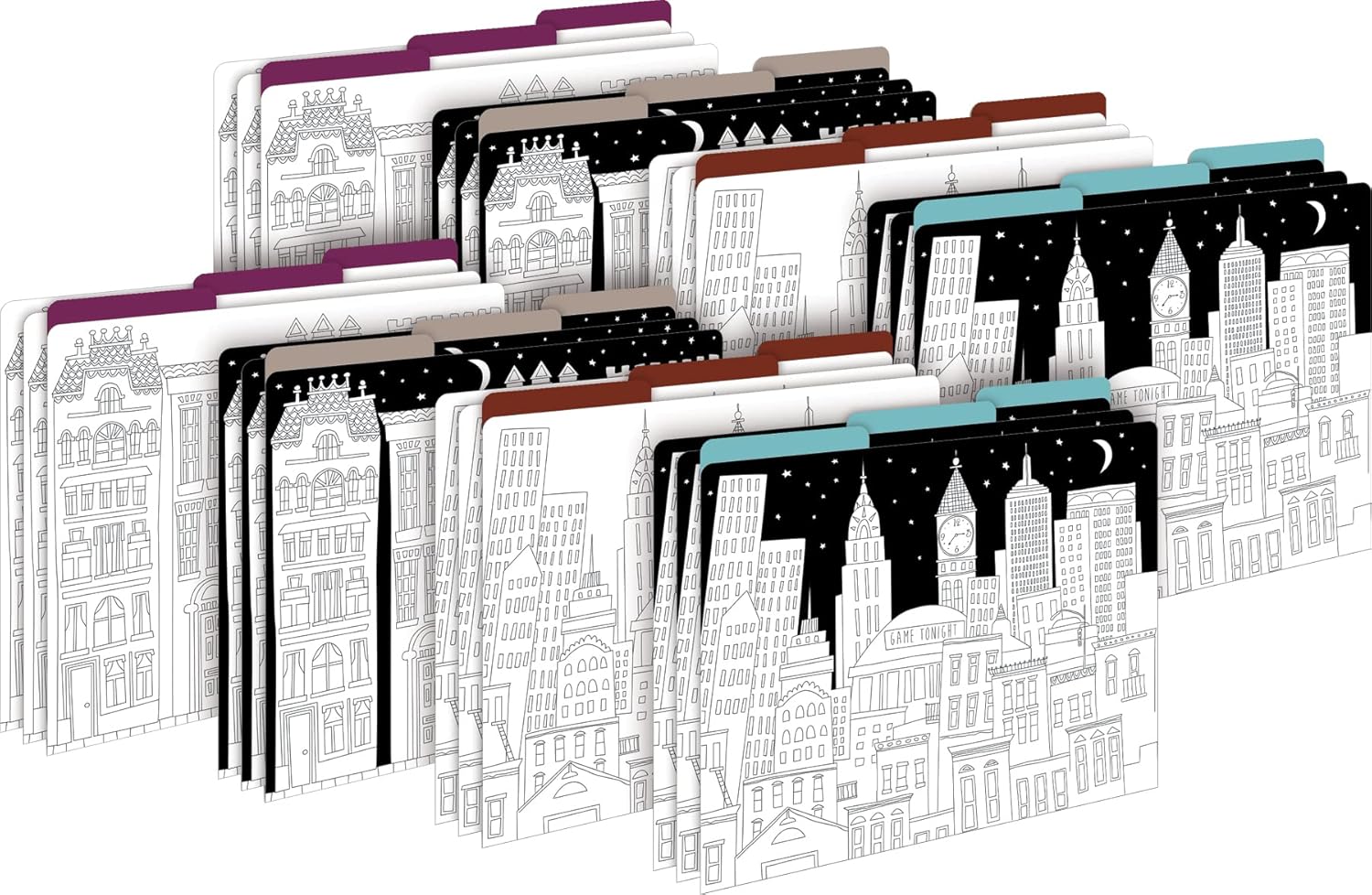 Barker Creek Designer File Folders Set of 24, Color Me! Cityscapes, Multi-Design Set, Adult Coloring Book Style