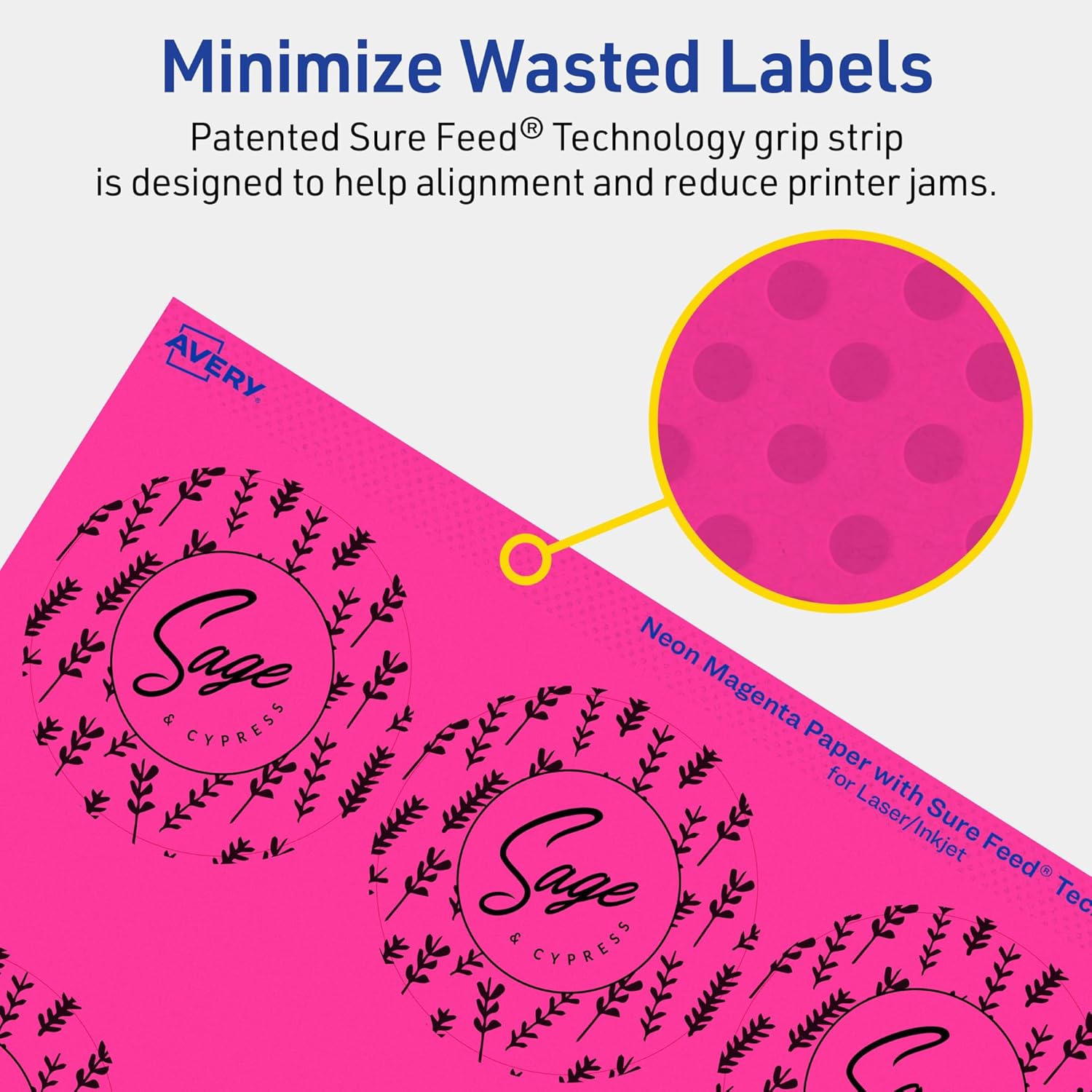 Avery Printable Round Labels, Sure Feed Technology, 2-1/2" Diameter, Neon Magenta
