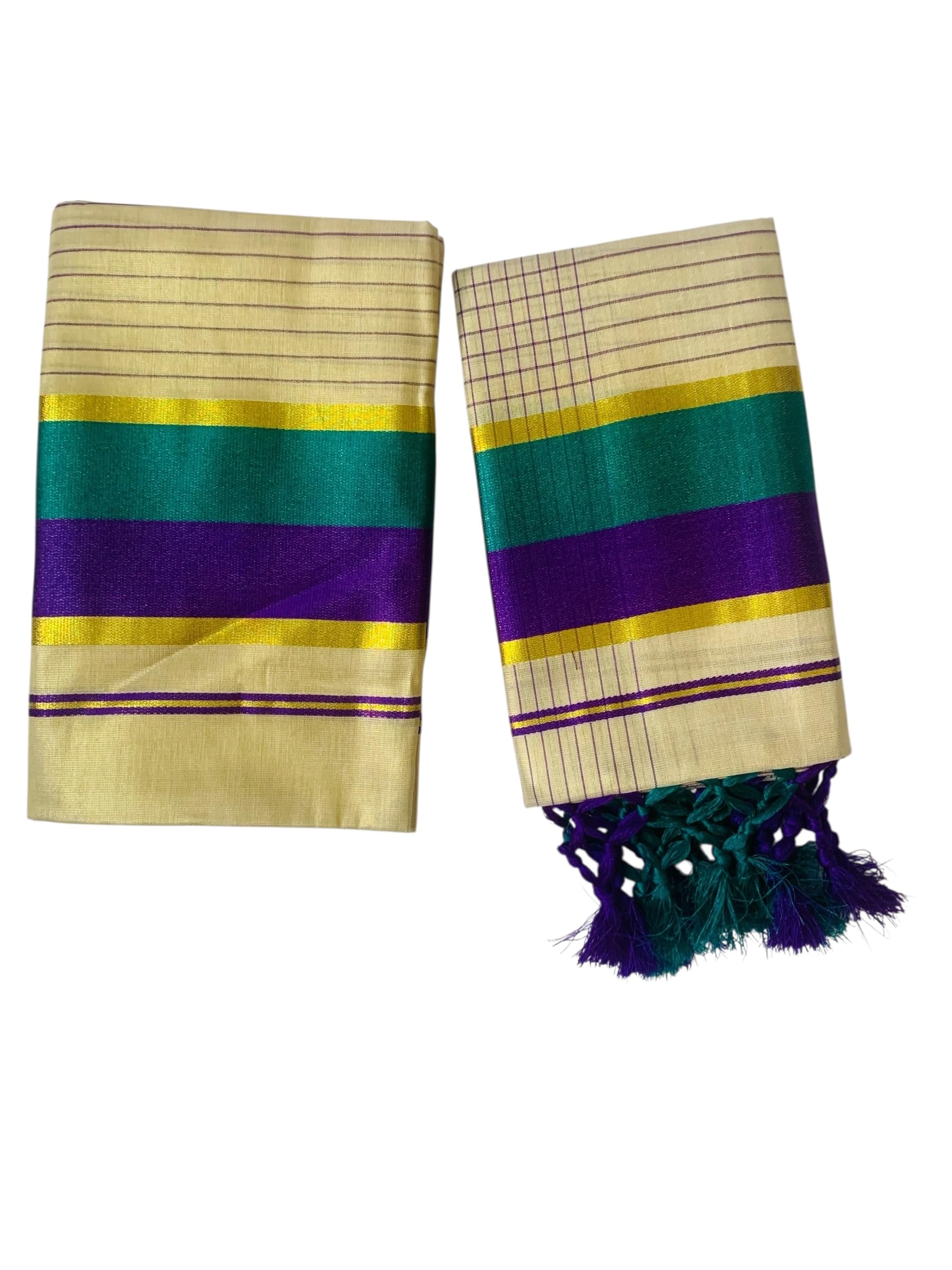 Women's Kuthampully Kerala Kasavu Set mundu Tissue with Kunjam | Kerala Tissue set mundu latest collections | Kuthampully Stripe Kasavu set mundu - Multi Color KTM-902 (Purple)