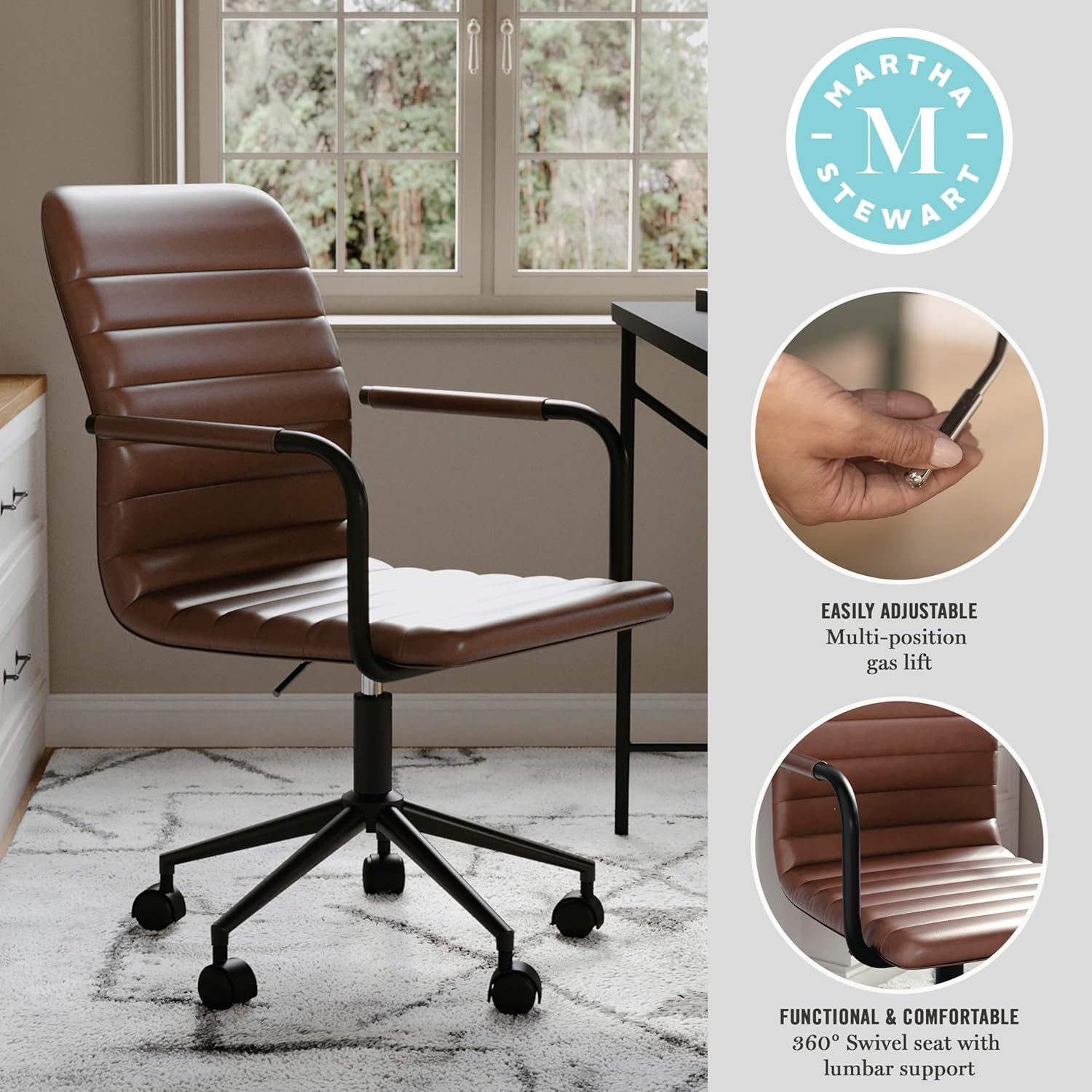 Martha Stewart Taytum Swivel Task Chair with Armrests for Home Office
