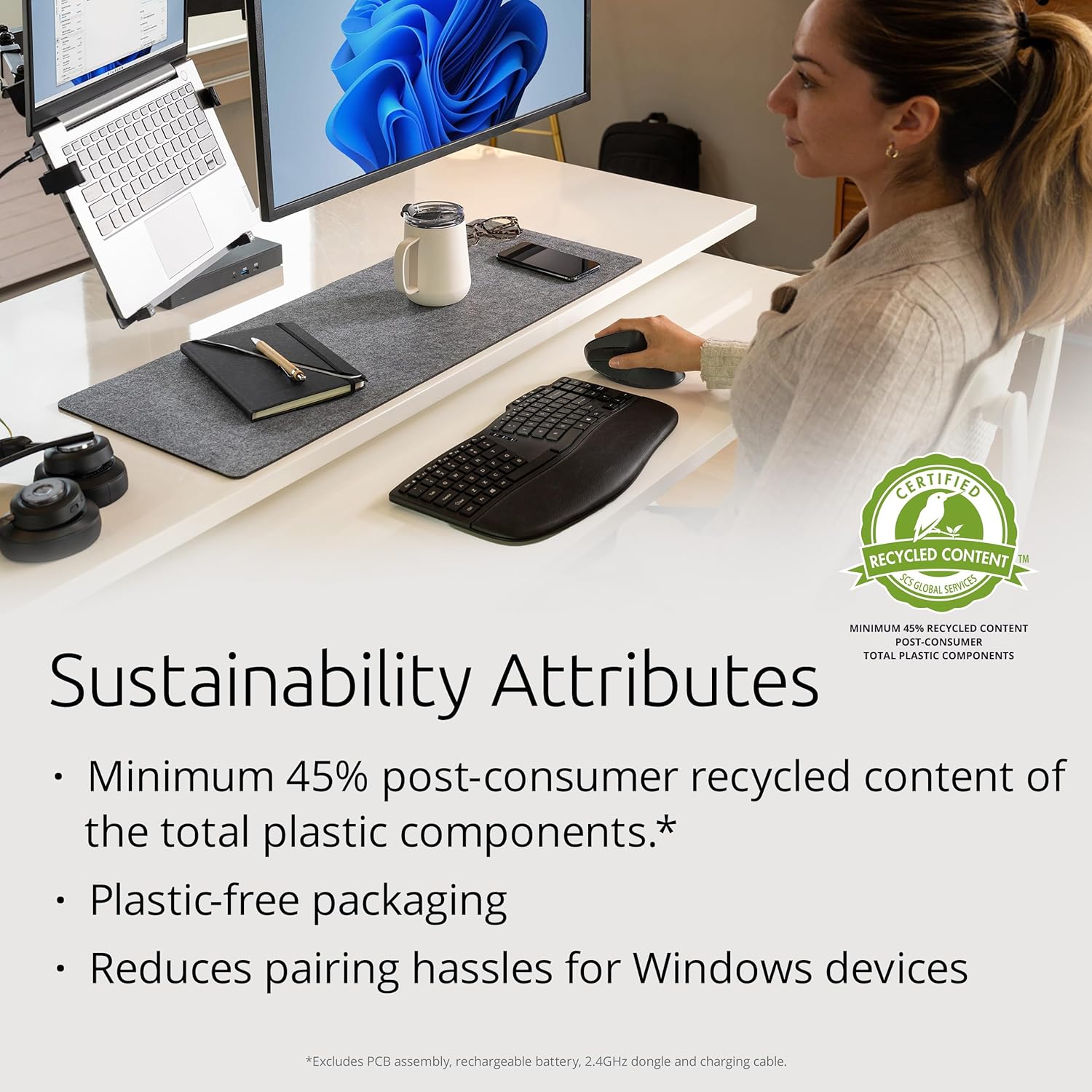 Kensington Pro Fit Ergo KM675 EQ Wireless Keyboard and Mouse, TKL Keyboard, Rechargeable Split Keyboard Ergonomic