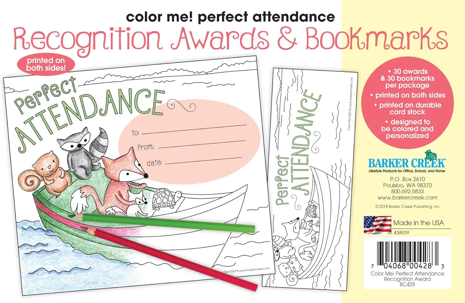 BARKER CREEK Recognition Awards and Bookmarks, Color Me Attendance, Awards are 6-3/8" x 5-1/2"