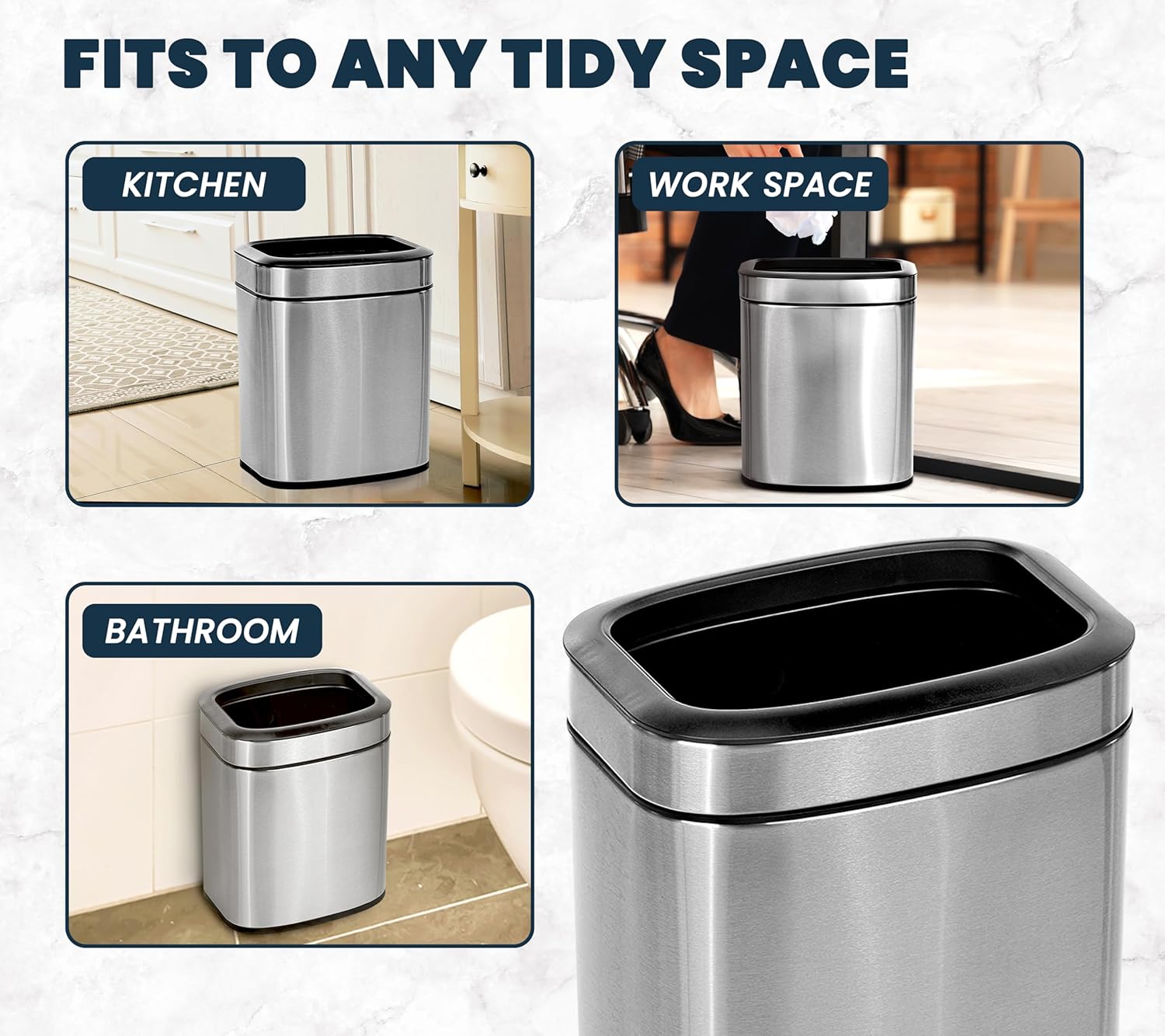 Alpine 10 Liter Small Bathroom Trash Can No Lid - Open Top Stainless Steel Bathroom Trash Can 2.6 Gallon