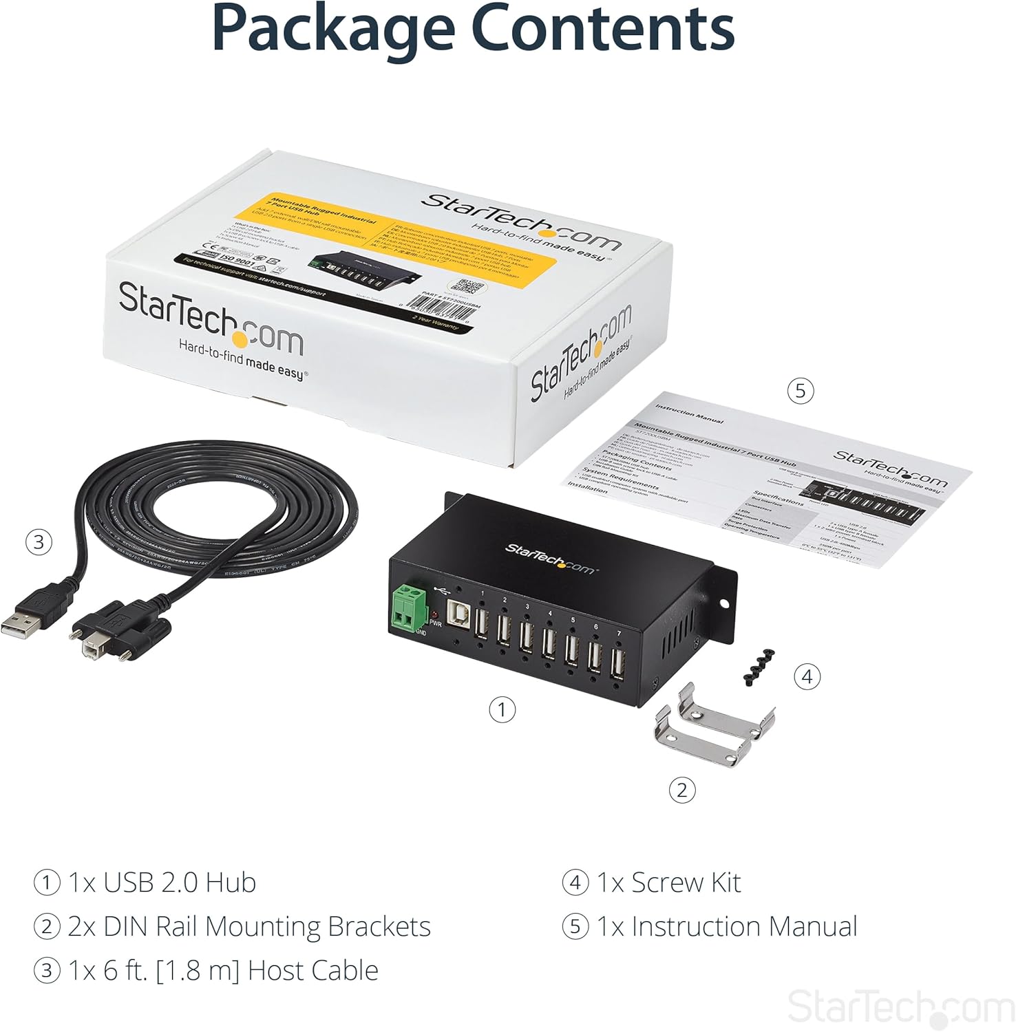 StarTech.com 7-Port USB 2.0 Hub - Metal Industrial USB-A Hub with ESD Protection & 350W Surge Protection - Din Rail