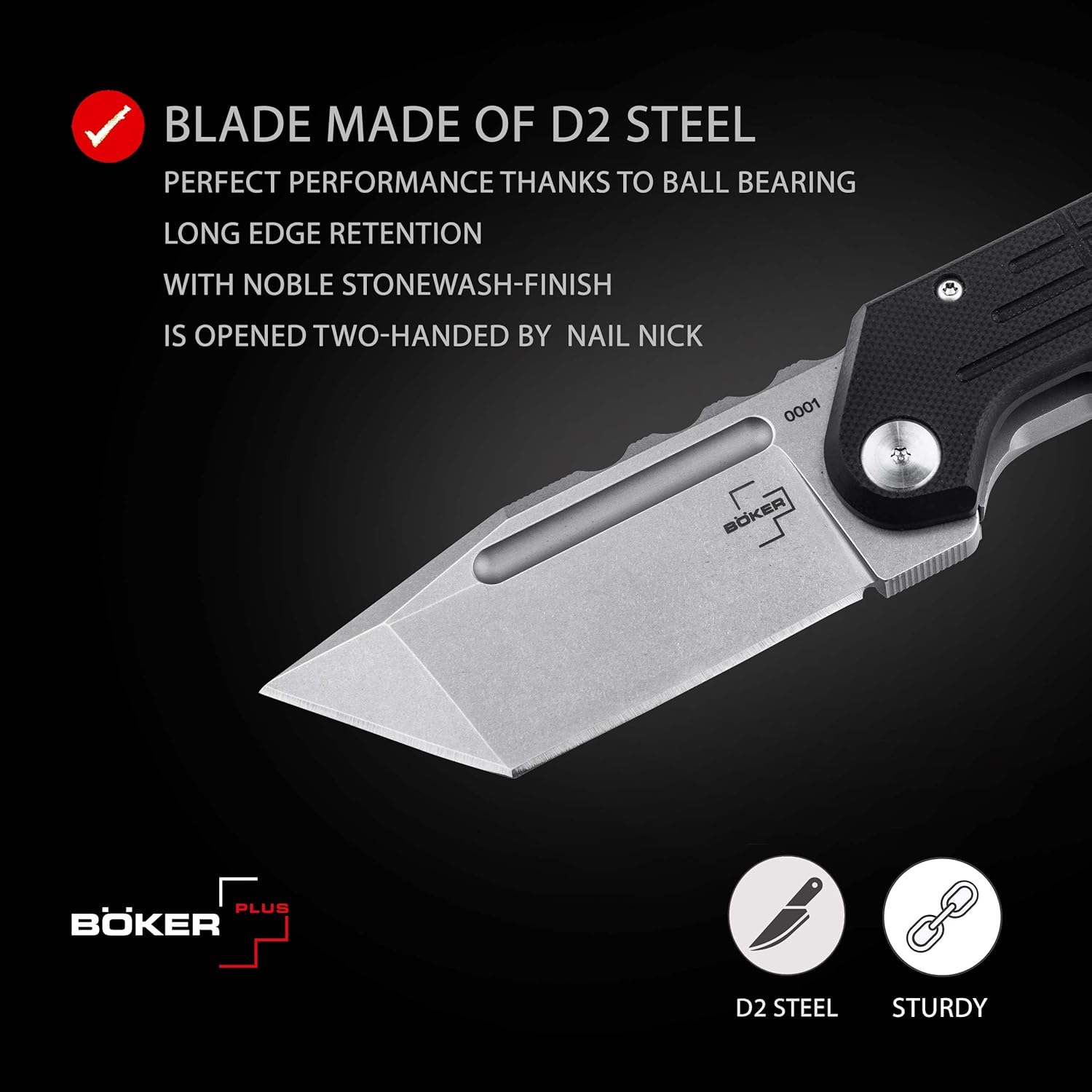 BÖKER PLUS® Dvalin Folder Tanto - tactical knife with extra sharp D2 Tanto blade