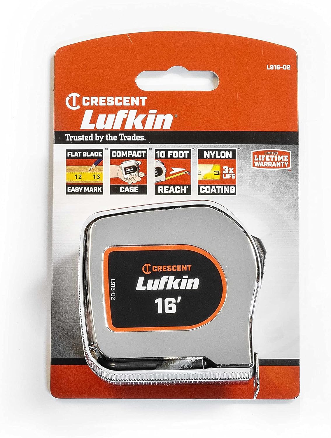 Crescent Lufkin 1" x 16' Chrome Case Yellow Clad Tape Measure - L916-02 4.9 m