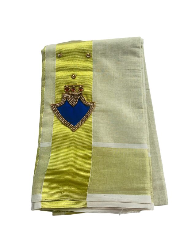 Kuthampully Kerala Kasavu Set Mundu For Women | Handcrafted Aari work Kerala Set Mundu | Tissue Onam Set Mundu With Blouse | Women's Zari Kasavu | EKM-600 (Blue)