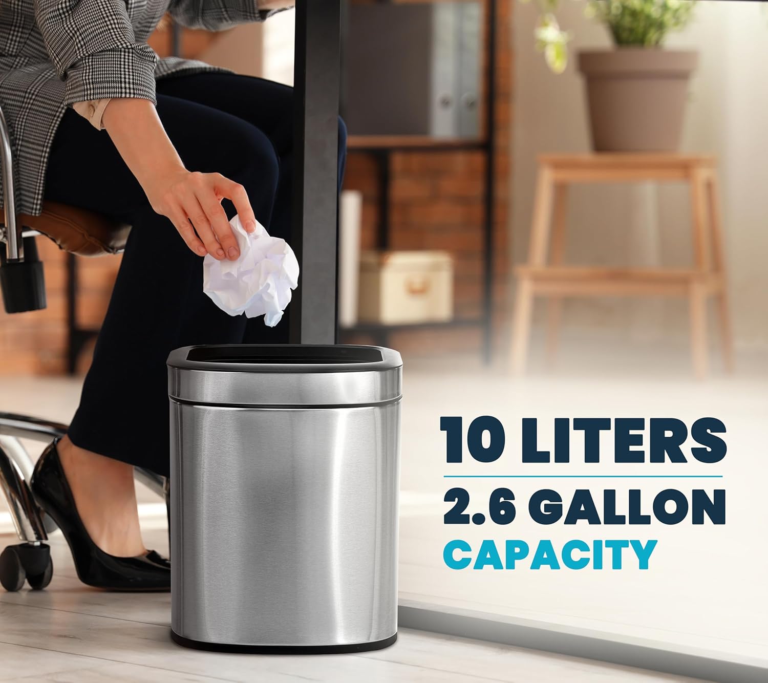 Alpine 10 Liter Small Bathroom Trash Can No Lid - Open Top Stainless Steel Bathroom Trash Can 2.6 Gallon