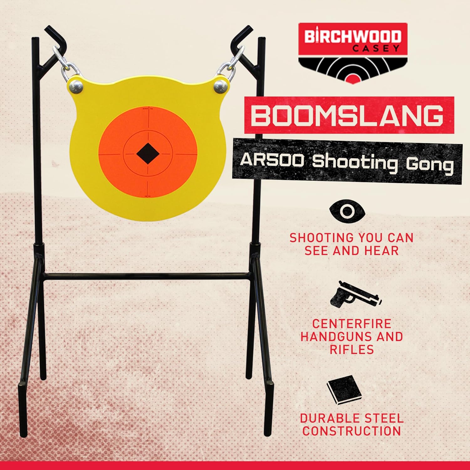 Birchwood Casey World of Targets Boomslang AR500 Steel Durable 0.5" Thick 9.5" Diameter Shooting Gong Target with Stand
