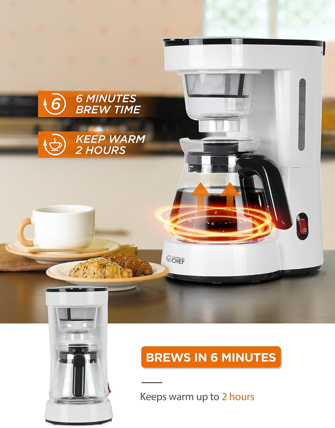 Commercial Chef Drip Coffee Maker with Pour Over Filter, 5 Cup, 0.75L Water Tank, Brews in 6 Minutes