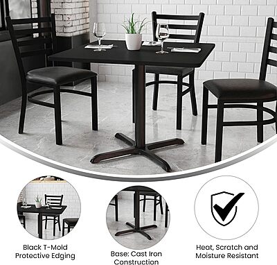 Flash Furniture 5-Piece 36" Square Laminate Dining Table/Chairs Set, Restaurant Dining Set with Table, X-Base, and 4 Trapezoidal Back Chairs, Black Black Top/Black Vinyl Seat
