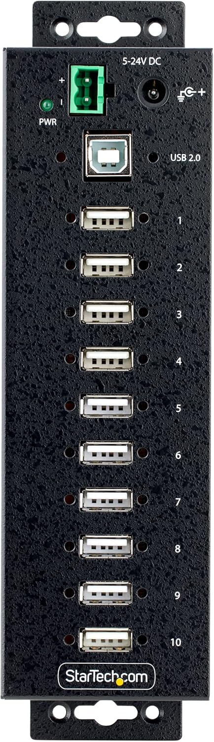 StarTech.com 10-Port Industrial USB 2.0 Hub, Rugged USB Hub withESD Level 4 Protection, DIN/Wall/Desk-Mountable USB-A Hub