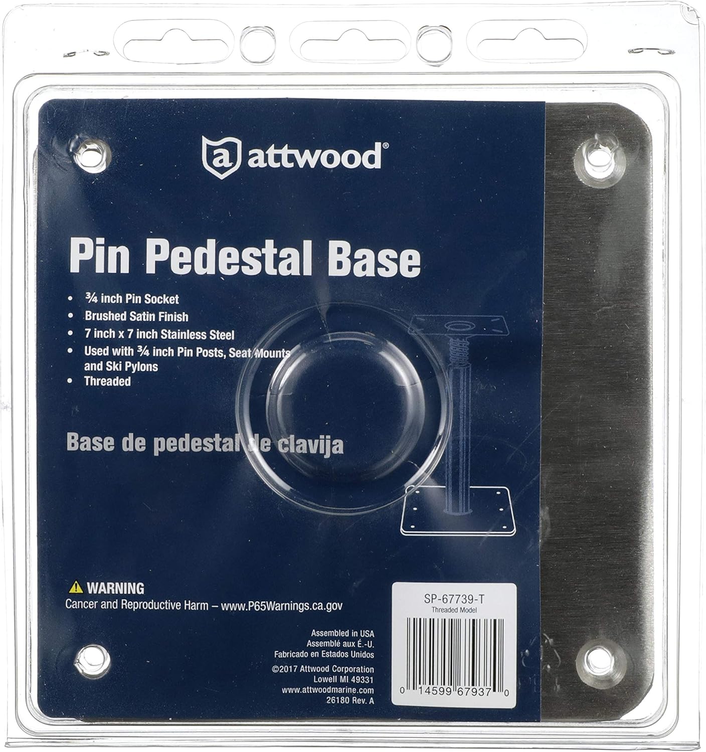 Attwood SP-67739-T Lock’N-Pin ¾-Inch Pin Base — 7x7-Inch Base, Threaded, Acetal Bushing, Pre-Drilled for Mounting,Silver