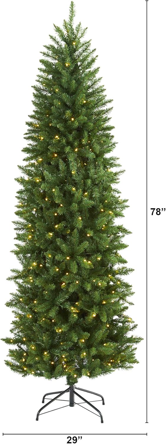 Nearly Natural 6.5ft. Slim Green Mountain Pine Artificial Christmas Tree with 300 Clear LED Lights 6ft 6in Green