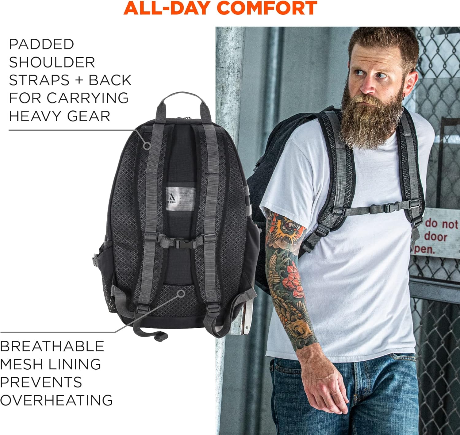 Ergodyne Arsenal 5188 Work Gear Jobsite Backpack with Hard Hat Storage, Padded Shoulder Straps, 39L Capacity,Black, Large