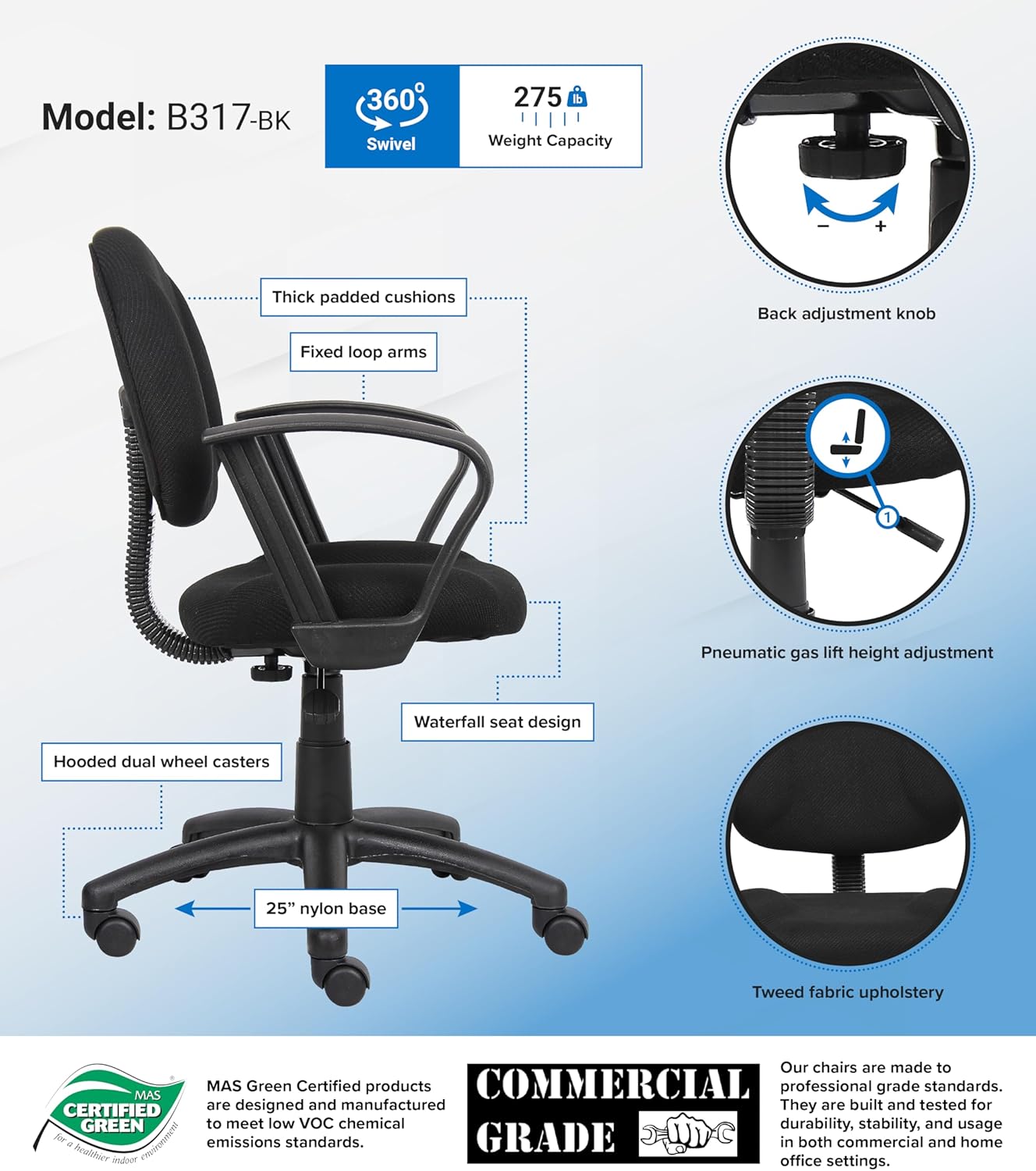Boss Office Products Perfect Posture Delux Fabric Task Chair with Loop Arms in Black