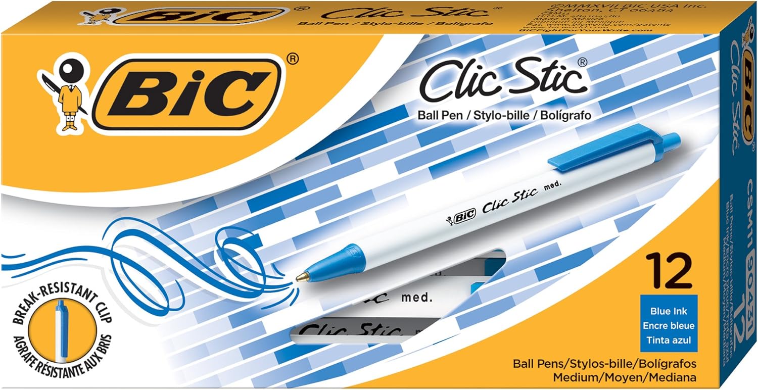 BIC Clic Stic Blue Retractable Ballpoint Pens, Medium Point (1.0mm), 12-Count Pack