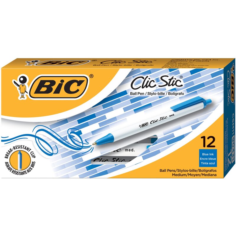 BIC Clic Stic Blue Retractable Ballpoint Pens, Medium Point (1.0mm), 12-Count Pack, Round Barrel Design for Comfortable Writing 12 Count (Pack of 1) Blue
