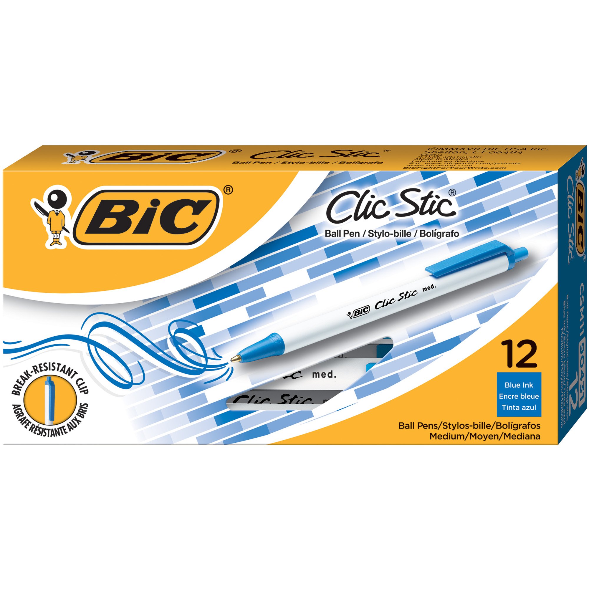 BIC Clic Stic Blue Retractable Ballpoint Pens, Medium Point (1.0mm), 12-Count Pack