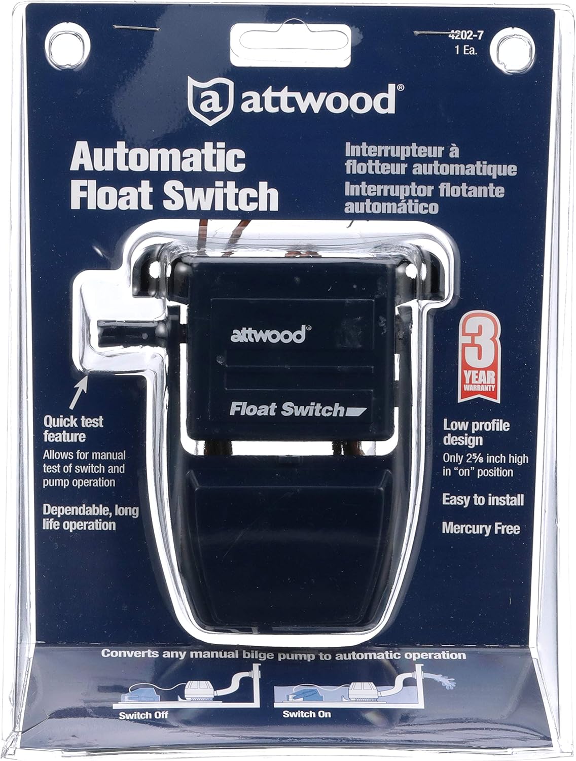 Attwood 4202-7 Float Switch, For Bilge Pump, 12- and 24-V CE rated, 36-Inch Wire