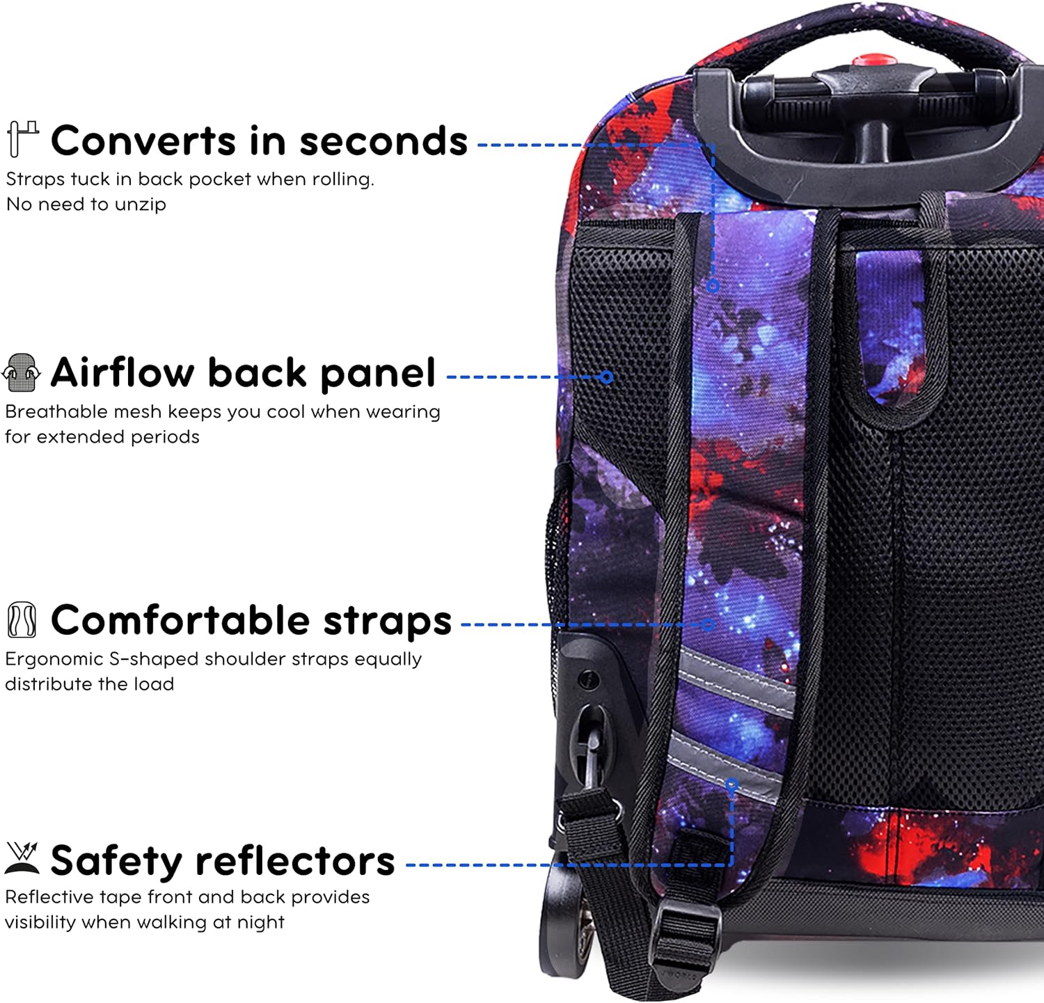 J World New York Sunrise Kids Rolling Backpack for Girls Boys Teen. Roller Bookbag with Wheels, Galaxy, 18"