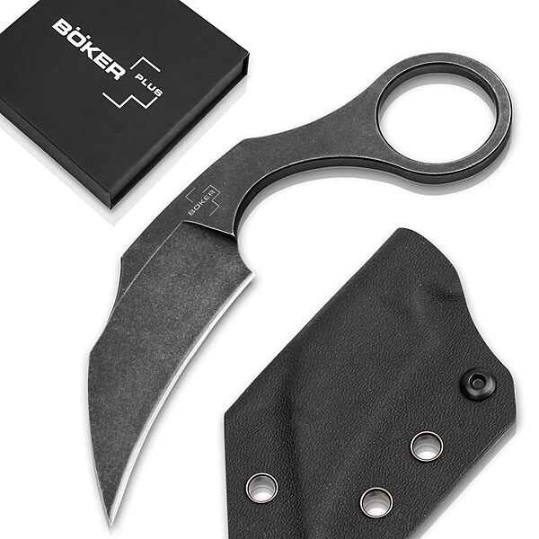 Böker Plus® Gnome Olive D2 - fixed blade knife with Kydex sheath - outdoor - with olive wood handle scales & belt clip - small - with fixed D2 blade