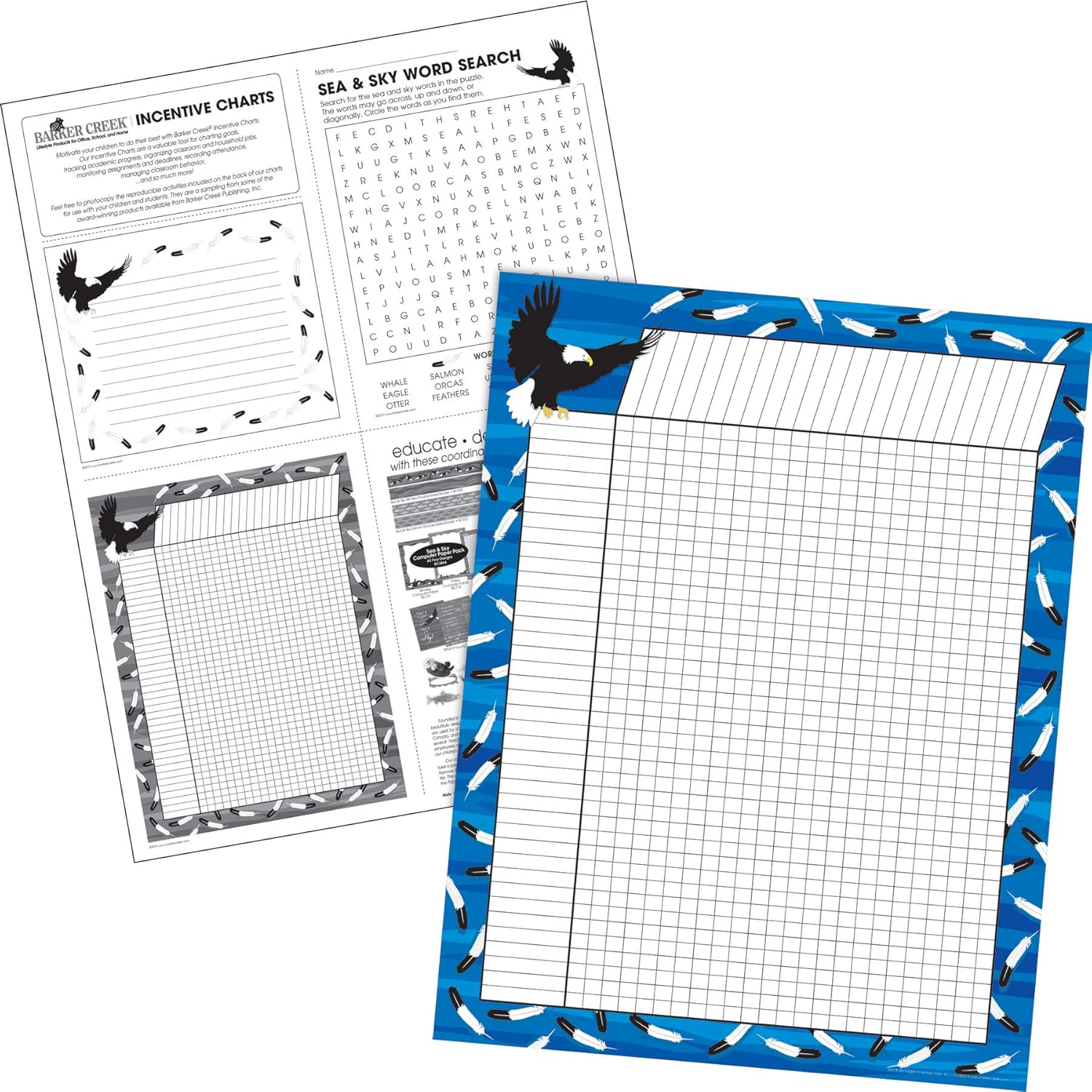 Barker Creek Incentive Chart Set of 4, Sea & Sky, 4 Coordinating Incentive Charts Featuring Orcas, Eagles, Otters