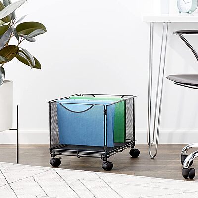 Safco Onyx Rolling Cart Desktop Tub File, Fits Letter-Size Hanging Folders, Collapsible Desk Organizer, Durable Steel Mesh Construction, Black