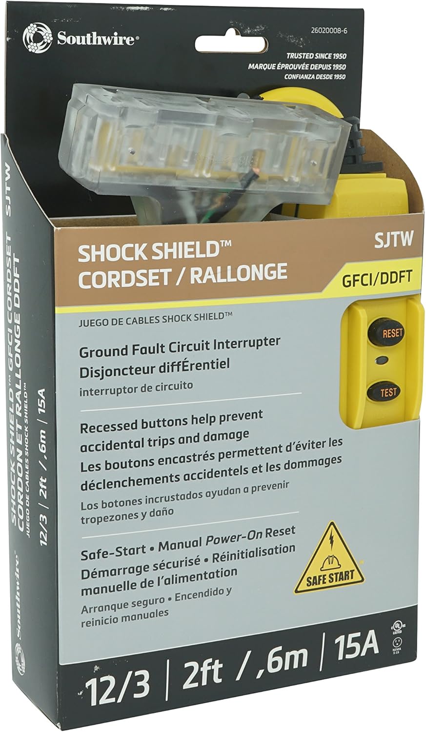 TRC 26020008-6 12/3 Gauge Shockshield GFCI Protected In-line Tri-Cord Set with 3-Outlets; 2-Feet; 15-Amp; Yellow 1 Pack