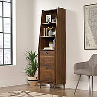 Sauder Harvey Park Tall Bookcase with Drawers, Mid-Century Modern Design, Narrow Bookcase - Grand Walnut Finish