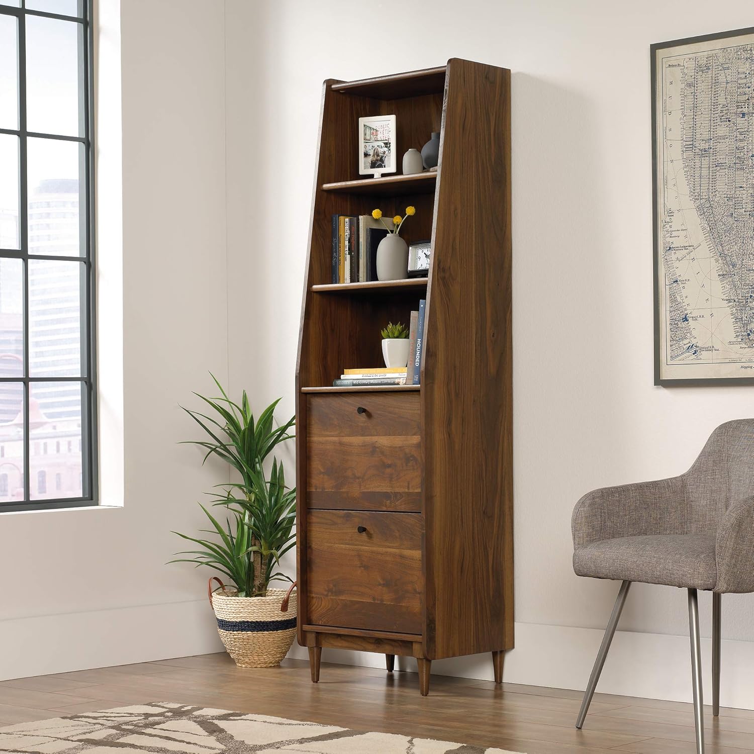 Sauder Harvey Park Tall Bookcase with Drawers, Mid-Century Modern Design, Narrow Bookcase - Grand Walnut Finish