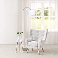 Simple Designs LF2005-WHT Arched Brushed Nickel Floor Lamp with White Fabric Shade White No Bulb