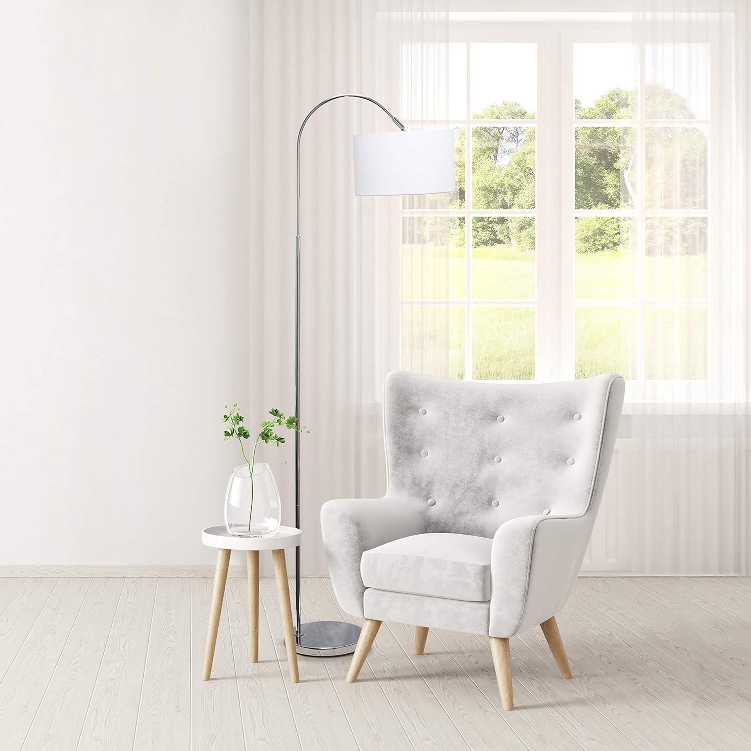 Simple Designs LF2005-WHT Arched Brushed Nickel Floor Lamp with White Fabric Shade White No Bulb