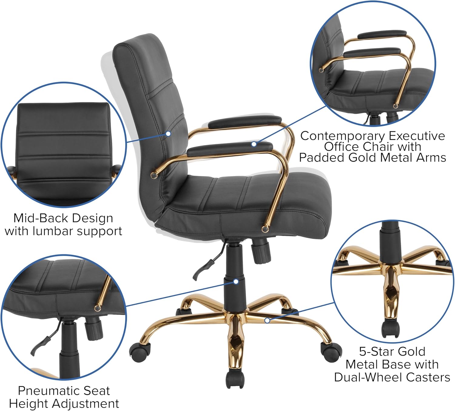 Flash Furniture Whitney Mid-Back Swivel LeatherSoft Desk Chair with Padded Seat and Armrests