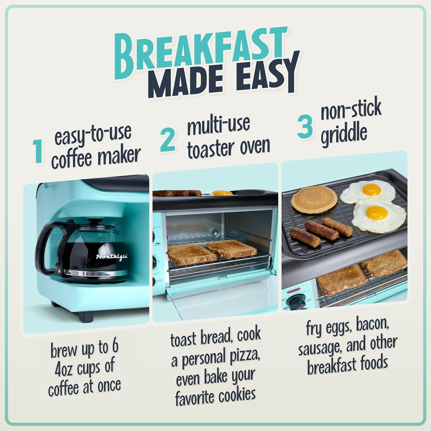 Nostalgia 3-in-1 Breakfast Station - Coffee Maker, Non-Stick Griddle, 4-Slice Toaster Oven