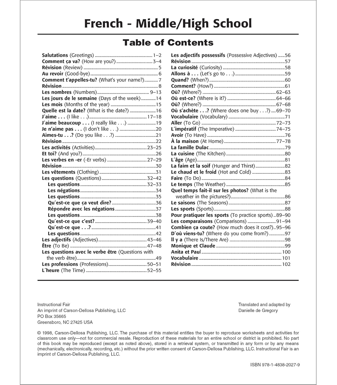 Carson Dellosa The 100 Series French Workbook, Parts of Speech, Vocabulary, Common Phrases, Sentence Building Skills