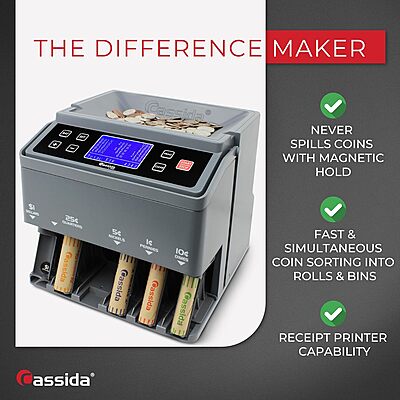 Cassida C300 Professional USD Coin Counter, Sorter and Wrapper/Roller, 300 coins/min, with Quickload and Printing-Compatible,Gray C300 - 300 coins/ minute + extra features