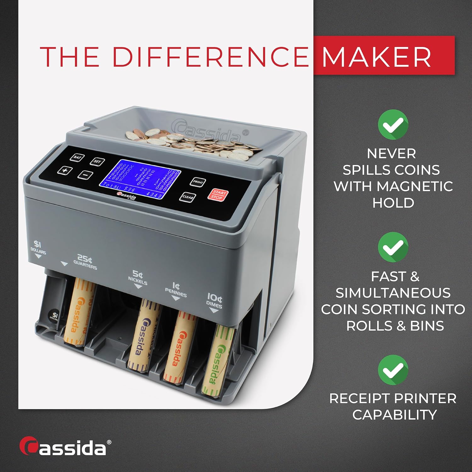 Cassida C300 Professional USD Coin Counter, Sorter and Wrapper/Roller, 300 coins/min, with Quickload and Printing-Compatible