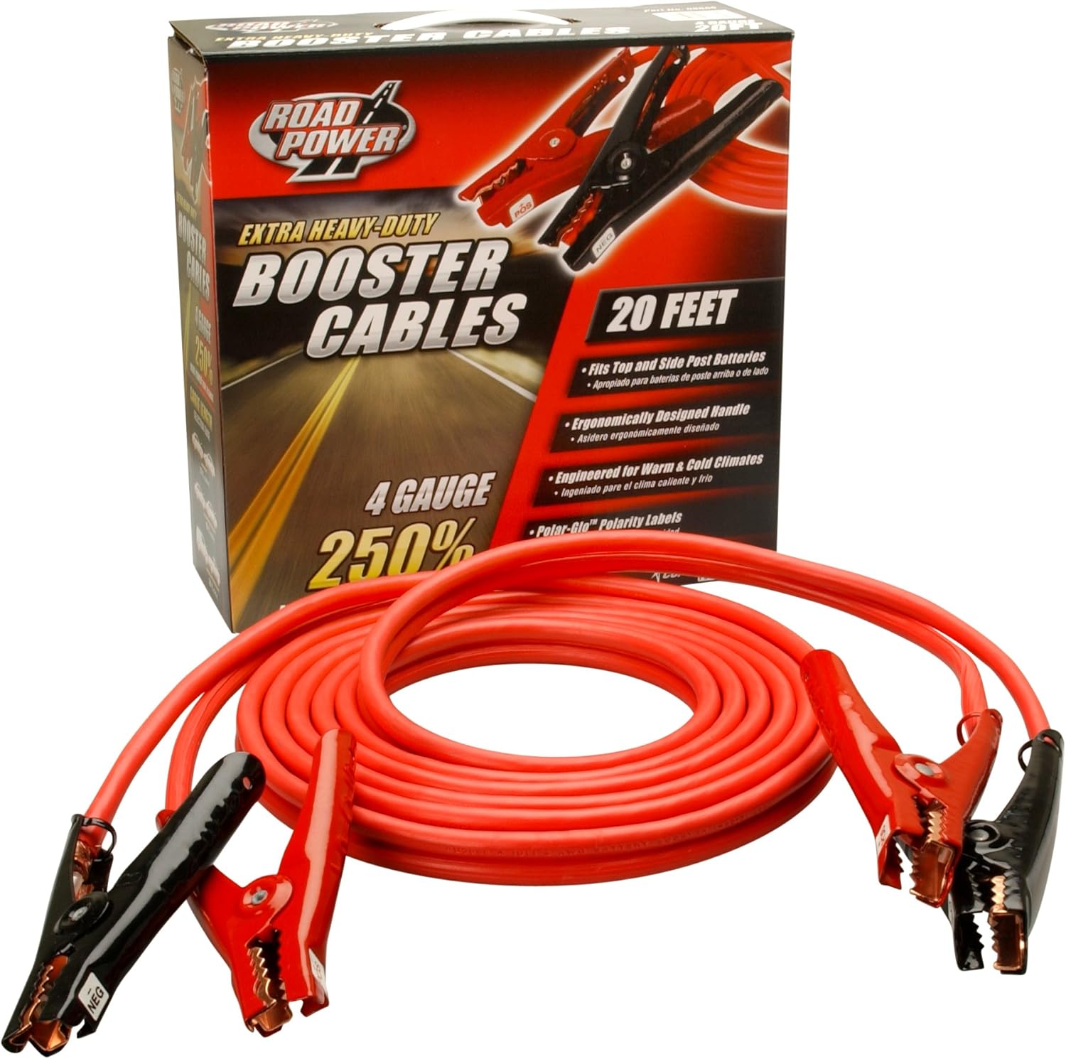 Road Power 86600104 20-Feet; 4-Gauge Heavy-Duty Booster Cable with Polar Glow Clamps Car Battery Jumper Cable