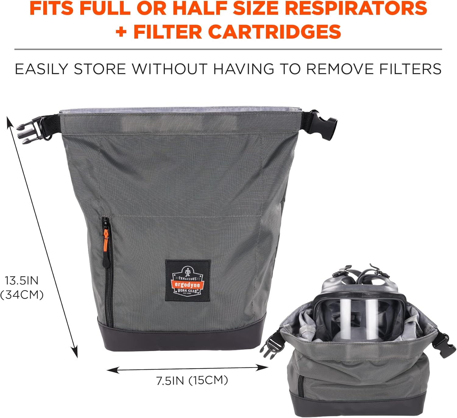 Ergodyne Arsenal 5186 Respirator Mask Storage Bag, Fits Half and Full Face Respirators, Adjustable Roll Top Closure,Gray