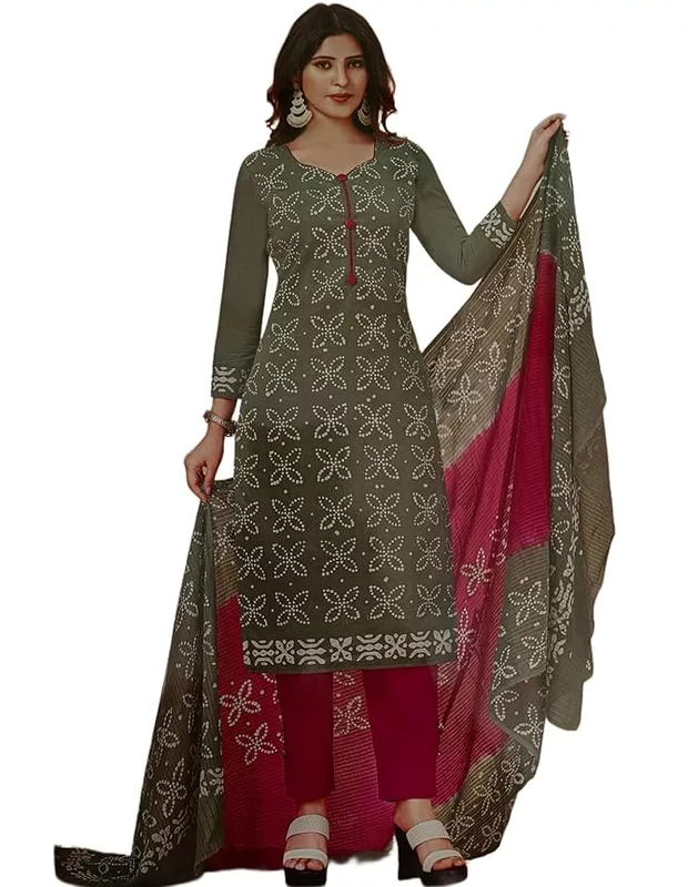Unstitched Olive Green Salwar Suit Set with Pink Dupatta, Chikankari Embroidery