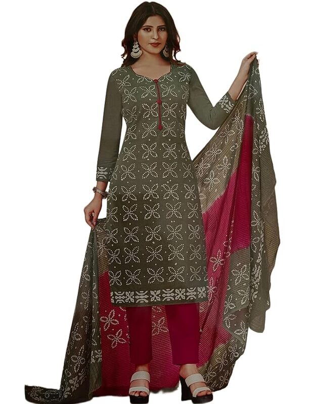 Unstitched Olive Green Salwar Suit Set with Pink Dupatta, Chikankari Embroidery