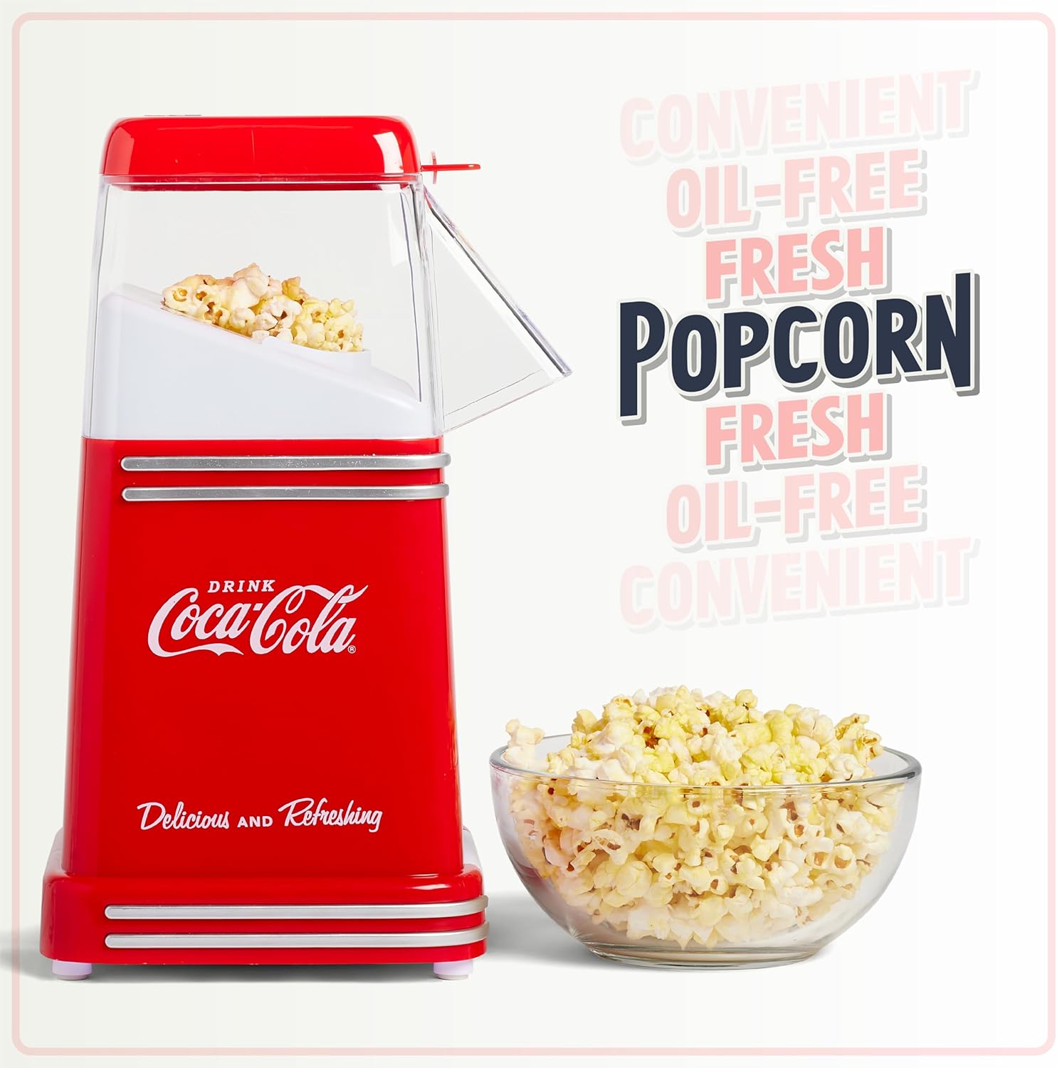 Nostalgia Electrics Coca-Cola Hot-Air Electric Popcorn Maker, 8 Cups, Healthy Oil Free Popcorn with Measuring Scoop